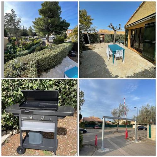 four different pictures of a grill and a table at Maison la Franqui in Leucate