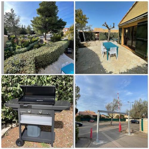 quatre photos différentes d'un grill et d'une table dans l'établissement Maison la Franqui, à Leucate