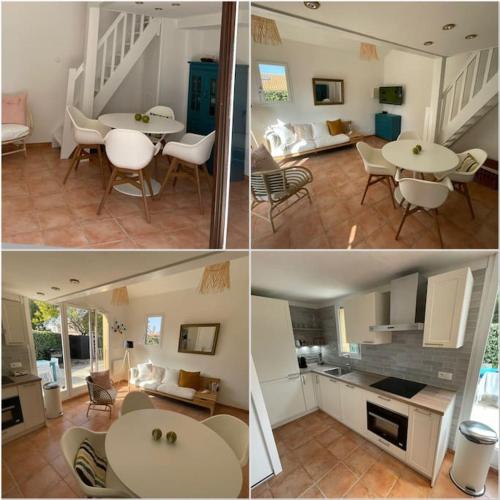 trois photos d'une cuisine et d'un salon dans l'établissement Maison la Franqui, à Leucate