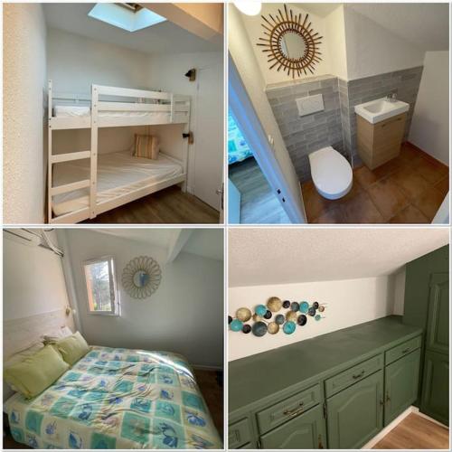 four pictures of a bedroom with a bed and a bathroom at Maison la Franqui in Leucate