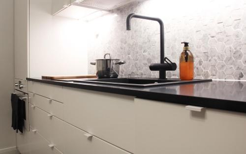 a kitchen counter with a sink and a bottle ofoxide at Residential Hotels Grand Central in Helsinki