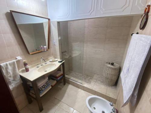 a bathroom with a sink and a shower and a toilet at Anita Haus Casa de fin de semana in Garupá