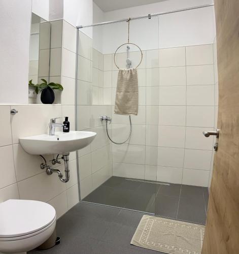 a bathroom with a shower with a sink and a toilet at ANNA Gästehaus Zimmer in Pfreimd