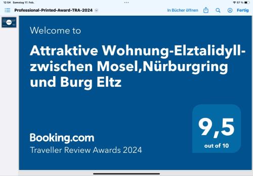 Captura de pantalla de un sitio web con la bienvenida para activar el alivio de la elfina andante en Attraktive Wohnung-Elztalidyll-zwischen Mosel,Nürburgring und Burg Eltz en Kollig