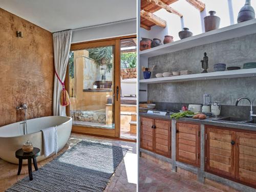 a bathroom with a tub and a kitchen with a sink at Cozy three bedroom villa with Es Vedra views! in Cala Vadella
