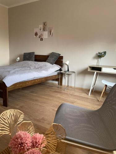 1 dormitorio con cama, escritorio y silla en Liliom Apartman Békéscsaba en Békéscsaba