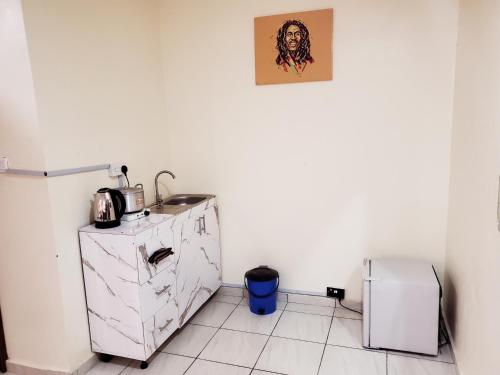 a kitchen with a sink and a refrigerator at Central District Apartment (Abuja) in Aso