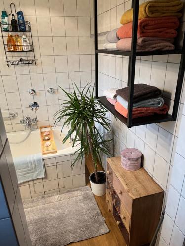 łazienka z umywalką, wanną i rośliną w obiekcie Engelsherz w mieście Mittenwald