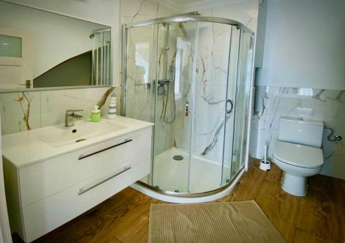 a bathroom with a shower and a sink and a toilet at Apartamenty Spacerowa 27 in Niechorze