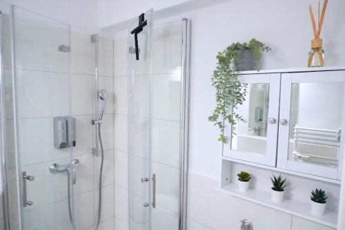 a white bathroom with a shower and a mirror at Living-Life, Klinik & Messe vor Ort, Wlan, Netflix in Essen