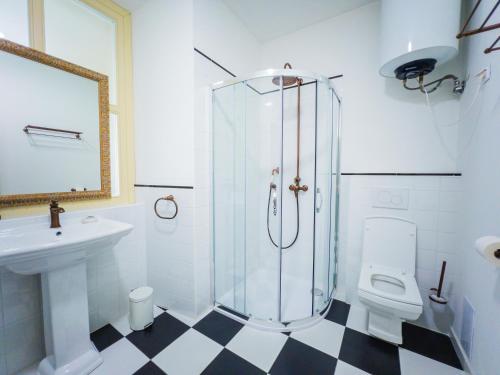 a bathroom with a shower and a toilet and a sink at Opera apartments in Banská Štiavnica