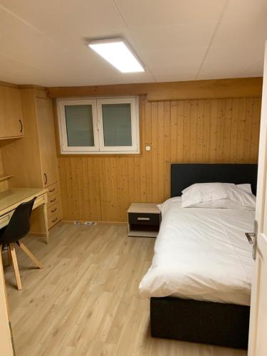 um quarto com uma cama, uma secretária e uma janela em Apartment near Geneva Airport and Palexpo em Genebra