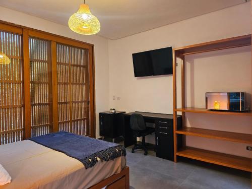 a bedroom with a bed and a desk and a television at Casa Fiji - Suites Luxo - Praia de Itamambuca - Ao lado da praia in Ubatuba