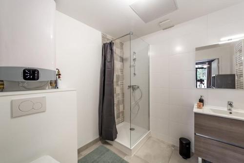 a bathroom with a shower and a sink at Superbe studio style industriel à Charbonnière in Charbonnières-les-Bains