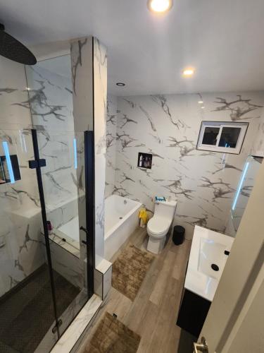 a bathroom with a shower and a toilet and a sink at Casa treacy in Newark