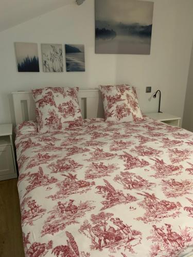 a bed with a red and white comforter and pillows at Magnifique appartement T2 en Centre VILLAGE in Saverdun