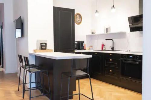 uma cozinha com armários pretos e um balcão branco em E Fauvette appartement de standing avec terrasse em Épernay