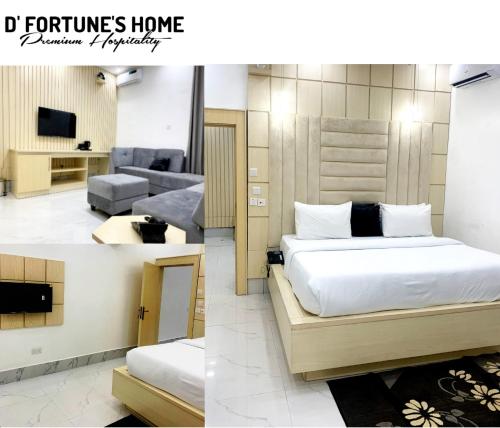 Duas fotografias de um quarto com uma cama e uma sala de estar em D Fortunes Home em Asaba