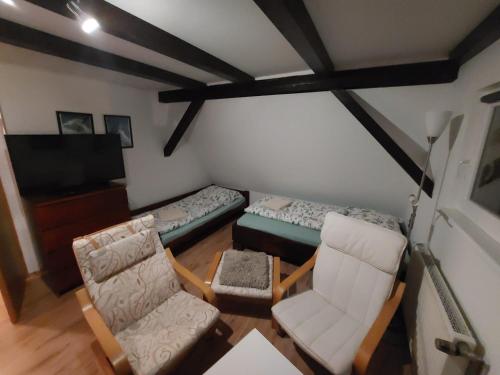 ボジー・ダルにあるChata Boží Dar 63のベッド1台、椅子2脚、テレビが備わる客室です。