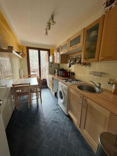 une cuisine avec un évier et une machine à laver dans l'établissement Appartement 6 couchages à Auron, à Auron