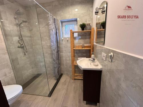 La salle de bains est pourvue d'une douche, d'un lavabo et de toilettes. dans l'établissement Skarb Sołtysa - apartament z widokiem, à Jedwabno