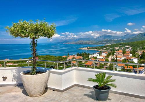 a balcony with two potted trees and the ocean at Minna Apartments in Utjeha