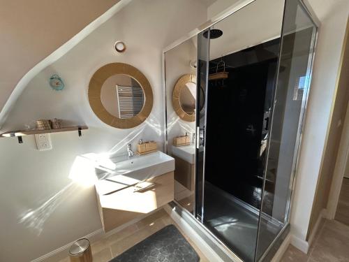 a bathroom with a shower and a sink at Confortable T3 juste rénové au cœur d’Aurillac in Aurillac