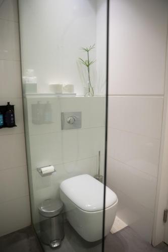 a white bathroom with a toilet and a glass wall at Zita Fidar in Al Fīdār