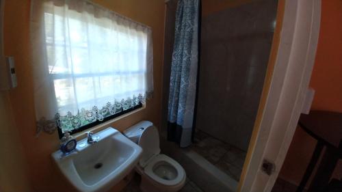 a bathroom with a sink and a toilet and a window at Southern Haven Cabin in Laborie
