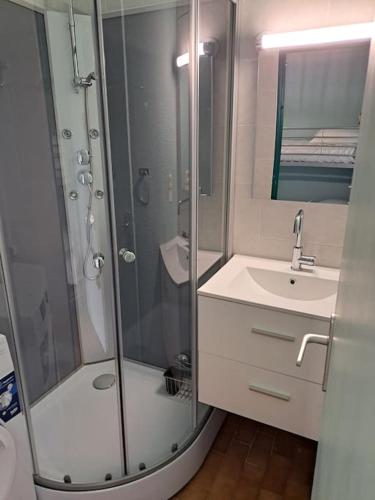 une salle de bain avec douche et lavabo dans l'établissement La Désirade I, Studio mezzanine, centre port, au Cap d'Agde