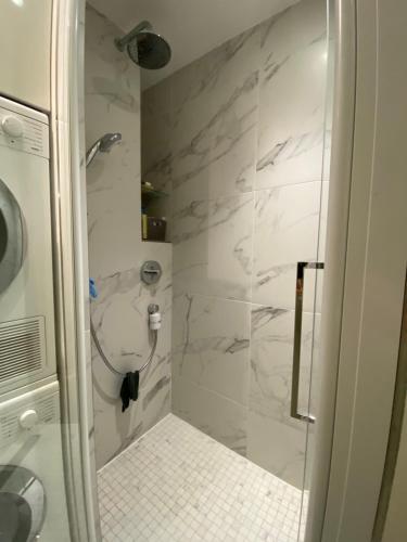 La salle de bains est pourvue d'une douche et de murs en marbre blanc. dans l'établissement Montparnasse Paris 15, à Paris