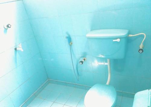 a blue bathroom with a toilet and a shower at Kilner Lane Guest House in Jaffna