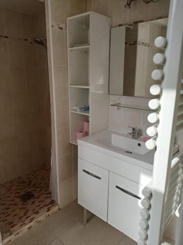 une salle de bain blanche avec un lavabo et un miroir dans l'établissement T3 53m² dans maison ville, terrasse, jardinet, à Toulon
