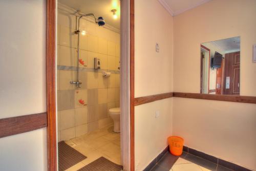 a bathroom with a shower and a toilet at Red Buffalo House Hotel in Nairobi