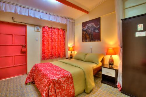 a bedroom with a bed and a red curtain at Red Buffalo House Hotel in Nairobi