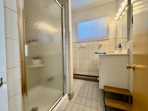uma casa de banho com um chuveiro e um lavatório. em Fireplace beach access pet friendly em Sainte-Agathe-des-Monts
