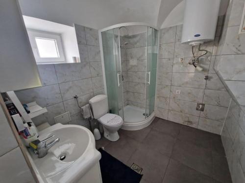 uma casa de banho com um chuveiro, um WC e um lavatório. em Modern und Gemütlich em Ebenfurth