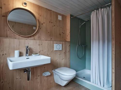 a bathroom with a sink and a toilet and a mirror at Cosy traditional mountain house in scenic valley in Cumbels