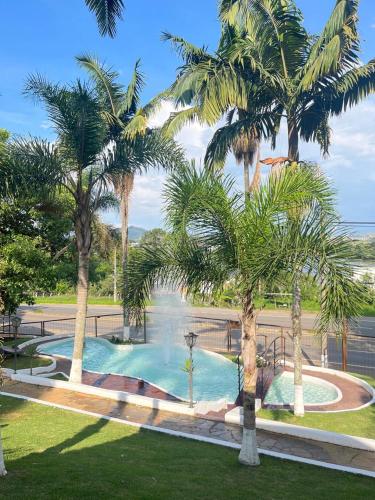 a pool with palm trees in a park at Hotel Varandas do Sol in Poços de Caldas