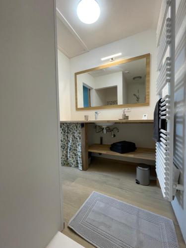 ein Bad mit einem Waschbecken und einem Spiegel in der Unterkunft La Grange d'Haversin in Ciney