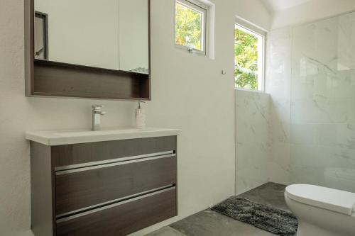 a bathroom with a sink and a toilet and a mirror at Villa-Fede 4 habitaciones en Rio San Juan in Río San Juan
