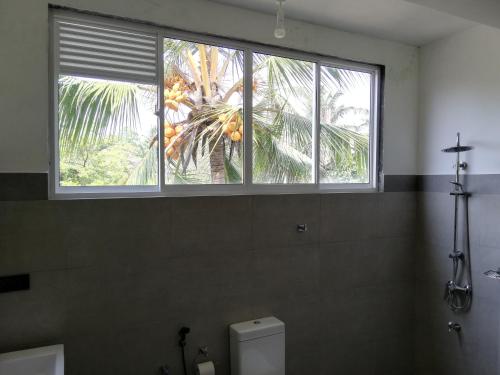 a window in a bathroom with a toilet and a palm tree at VILLA MAANE by GOODWILL in Hikkaduwa
