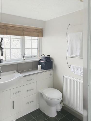 a white bathroom with a toilet and a sink at Private guest house - Double bedroom, en-suite and workspace with private entrance, first floor with no lift and no full kitchen in Leicester