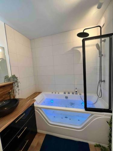 La salle de bains est pourvue d'une baignoire et d'une douche. dans l'établissement Balnéo & Sauna, séjour détente aux Teinturiers - Métro Charpennes - Garage, à Villeurbanne