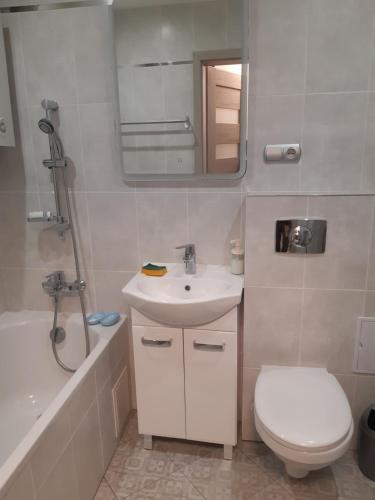 a bathroom with a sink and a toilet and a mirror at Apartament Katowice Spodek in Katowice