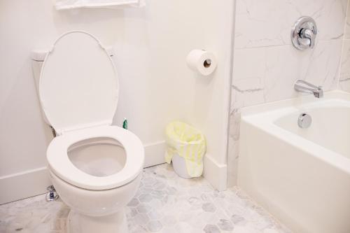 a bathroom with a toilet and a tub and a sink at 1bedequippedkitchenhighfallstvdtwi-fi in Rochester