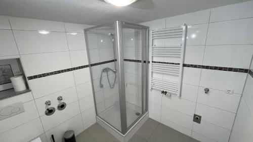 a shower with a glass door in a bathroom at Apartment Erbach-Ulm in Erbach