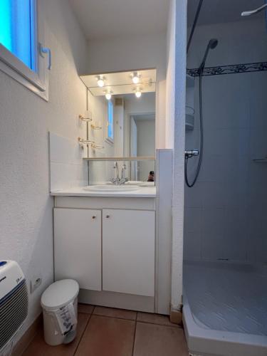 une salle de bain avec un lavabo, une douche et des toilettes dans l'établissement LAVANDINES II Joli T3 mezzanine villa mitoyenne piscine proche plage Rochelongue Cap d'Agde, au Cap d'Agde