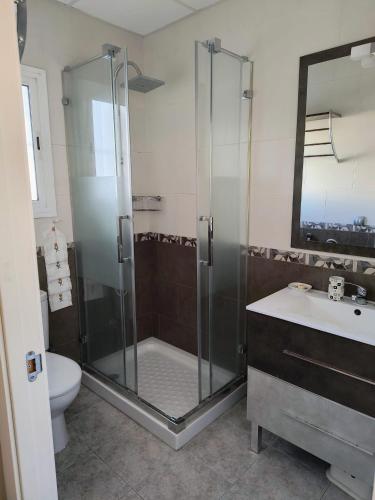 a bathroom with a shower and a toilet and a sink at Casa El limonero in Seville