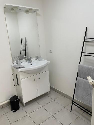 une salle de bain blanche avec un lavabo et un miroir dans l'établissement appartement cosy, à Vayres